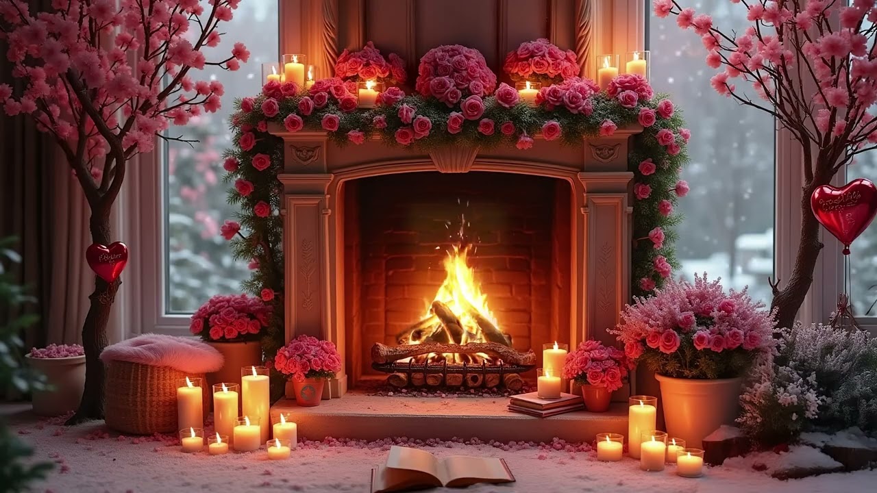 Cozy Valentine’s Fireplace Bedroom Ambience ❄️🔥 Snowy Mountain Cabin View (3 Hours) | Crackling Fire