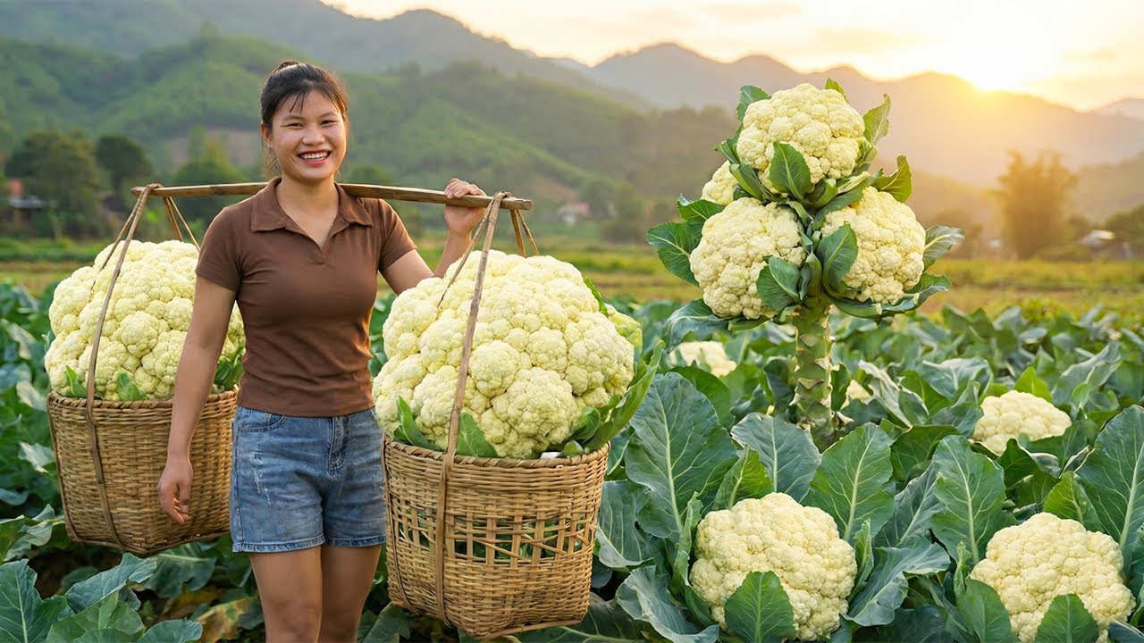 Harvesting 1000+kg FRESH Crunchy Cauliflower, Selling at Market, Making Delicious Cauliflower Soup