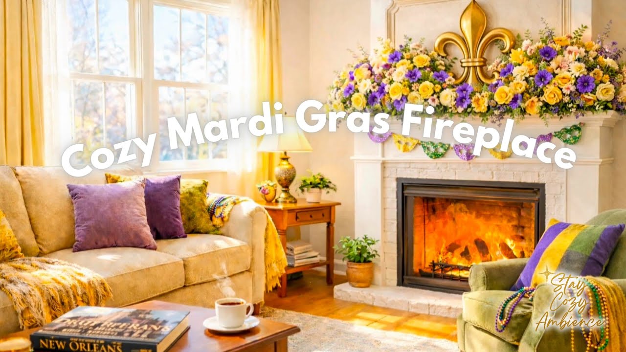 Mardi Gras Ambience 🌿 Cozy Fireplace Living Room | New Orleans Screensaver & Background