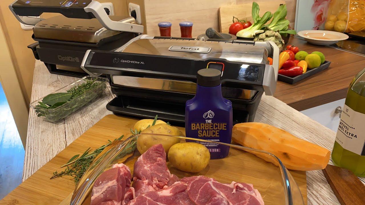 Marinierte Schweinenackensteaks im Tefal OptiGrill und Rosmarinkartoffeln in der Backschale