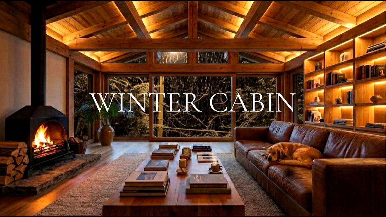 Elegant Winter Cabin | Smooth Jazz, Snowfall & Fireplace Ambience for Focus & Relax