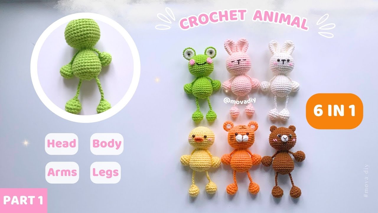 [PART 1] Crochet 6 in 1 long limbed animals keychain 🐸 🐰🐇🐤🐯🧸 - Head, Body, Arms, Legs | Mova DIY