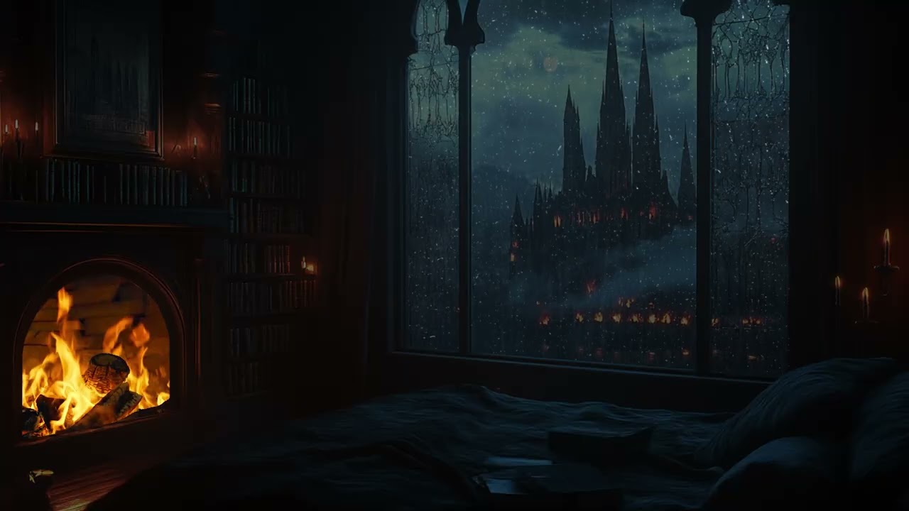 Sleeping in a Castle Room During Rainstorm | Fireplace and Window Rain | Cozy Dark Academia Ambience