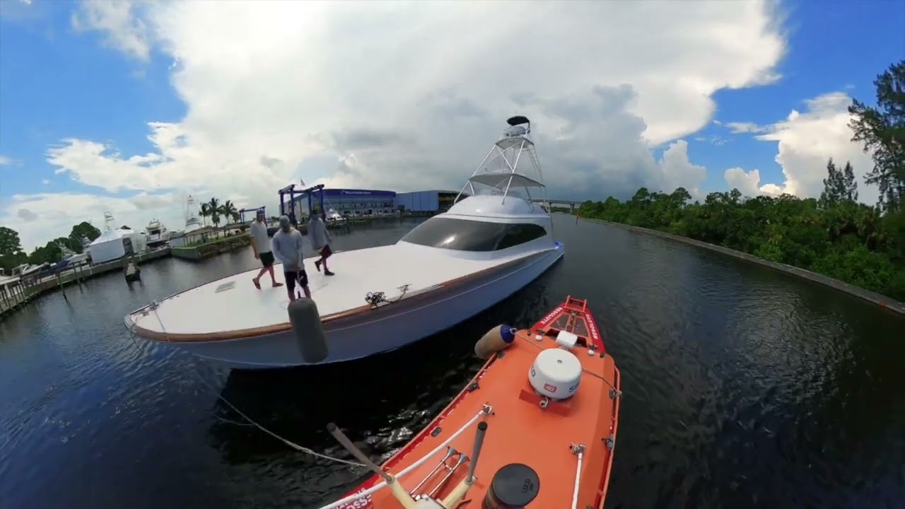 Towing a 78' F & S  Sportfishing Boat With One Towboat At Willis Custom To Finish Work in the Water