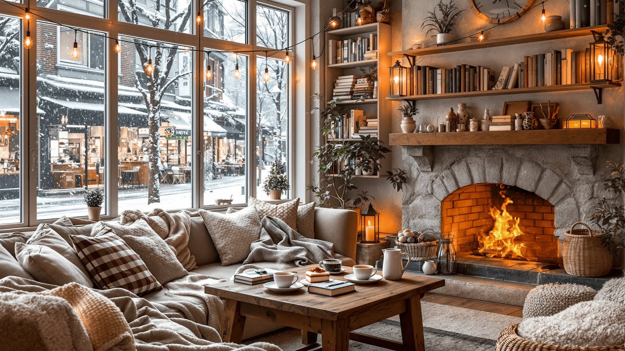 Relax in Cozy Winter Coffee Shop Ambience ❄️☕🎷 Smooth Jazz Music & Warm Fireplace for Work, & Study