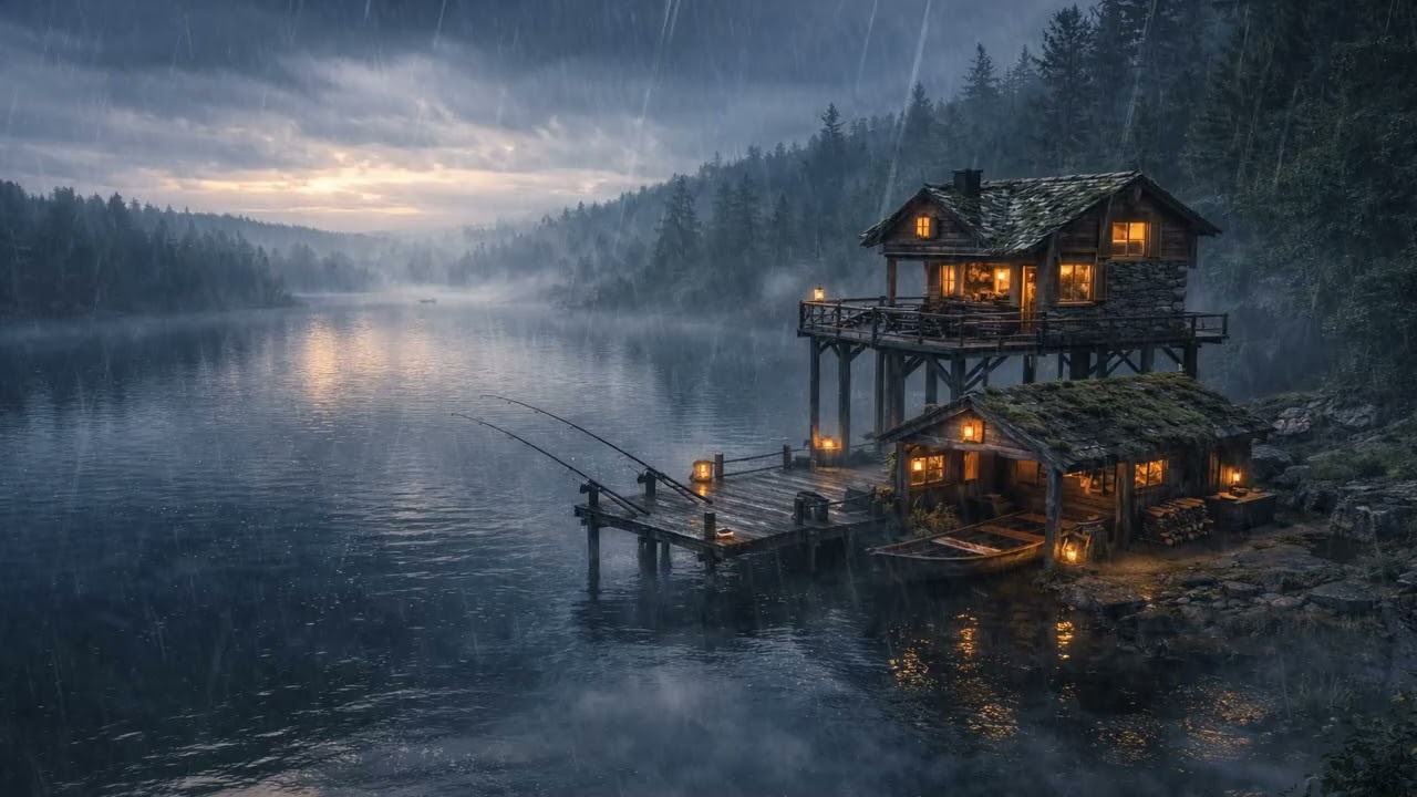 Rain Ambience | Fishing Lake Cliff Shelter Morning – Gentle Rain