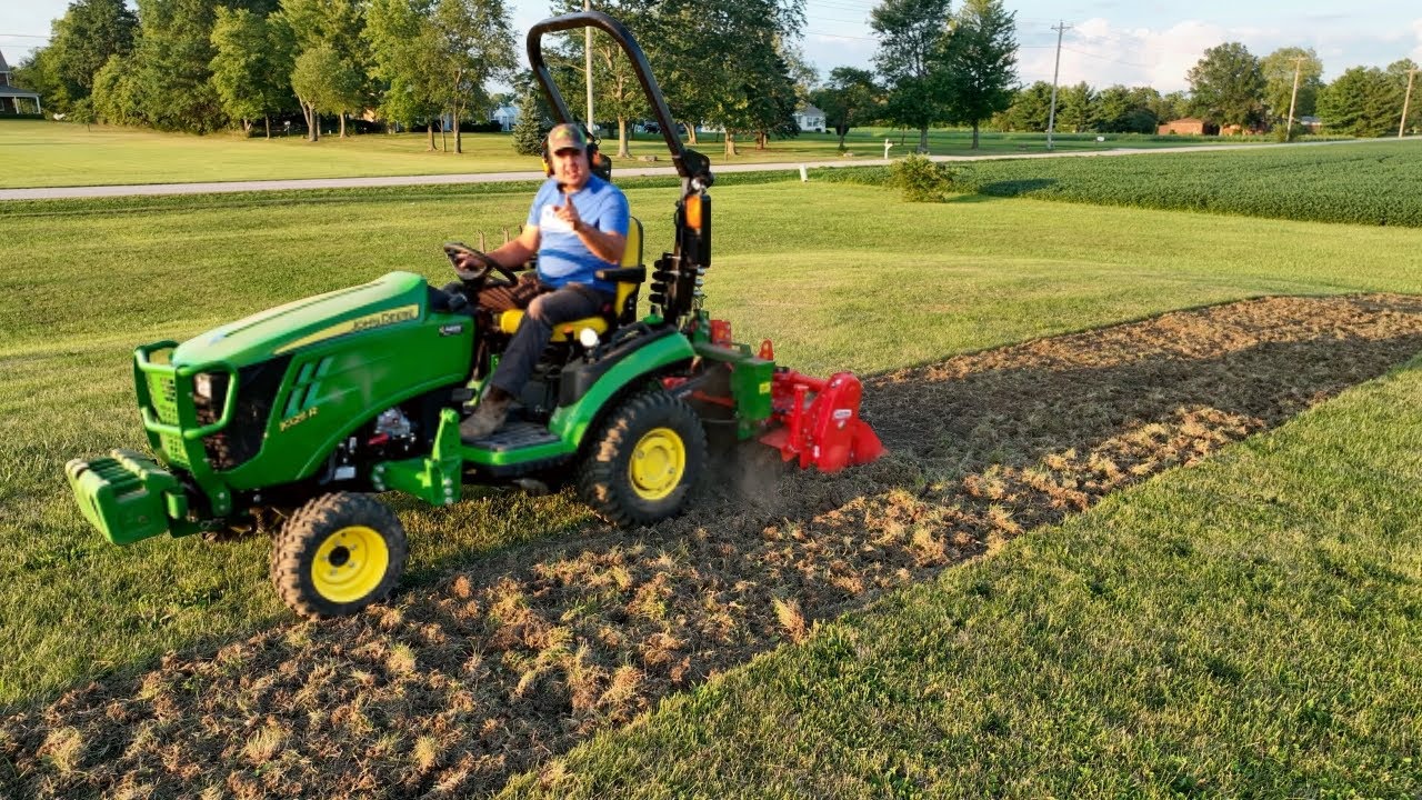 MAJOR PROJECT START!  Attila The Hump! John Deere 1025R Chews Up Sod with the Maschio Tiller!