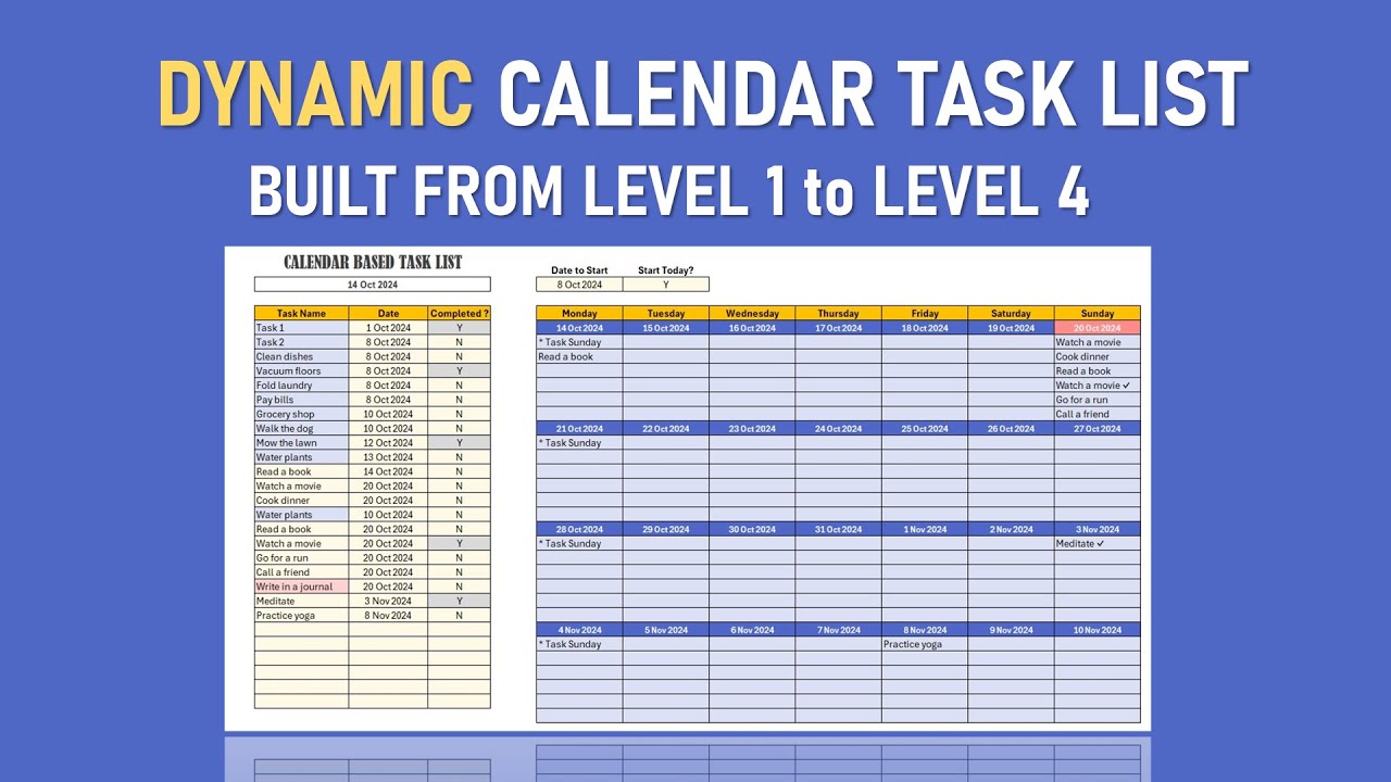STEP by STEP: Automated Calendar Based Task or To-Do List in Excel - All Levels of EXCEL