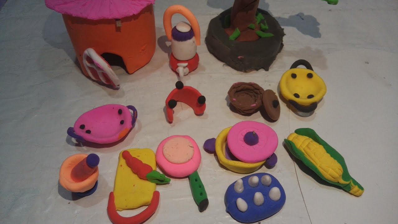 Diy how to make polymer clay miniature village house, tree 🌴, kitchen set, chopping board, etc