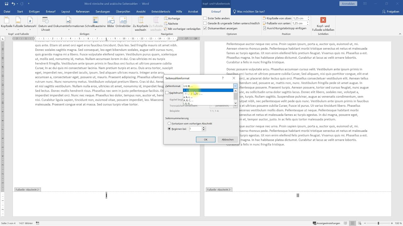 R&ouml;mische und arabische Seitenzahlen in einem Dokument &ndash; Word-Tutorial