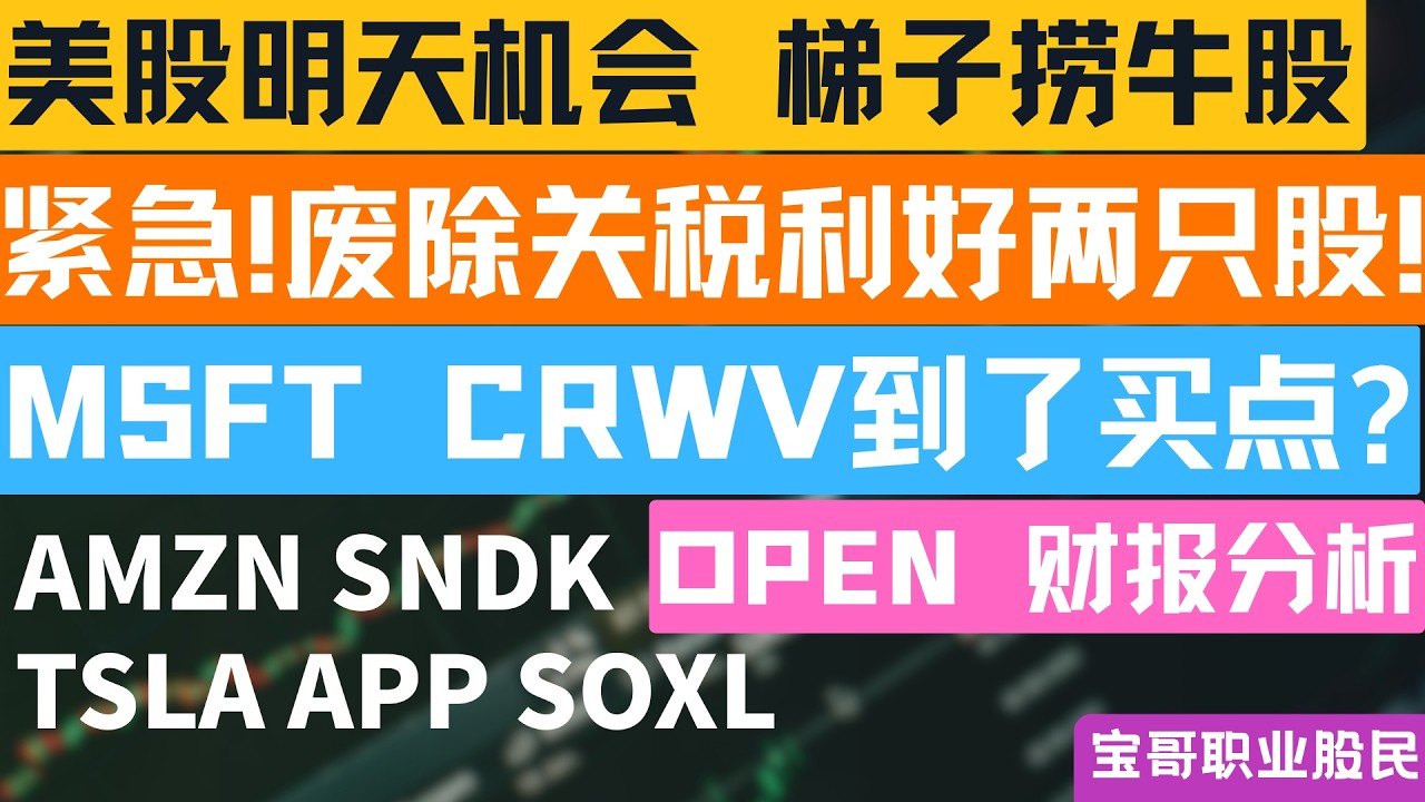 紧急!废除关税利好两只股! MSFT CRWV到了买点? OPEN 财报分析！AMZN SNDK TSLA APP SOXL！02202026 #美股 #股票 #美股分析 #投資
