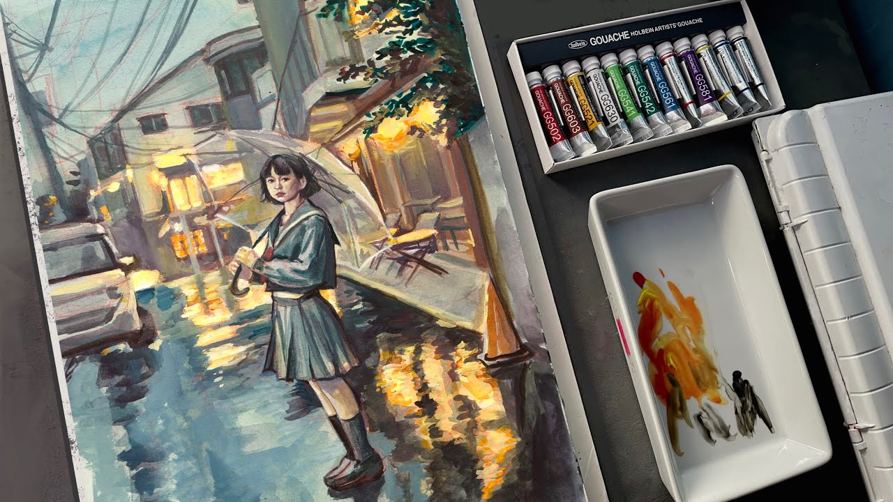 Paint with me | Miya and Holbein gouache painting process