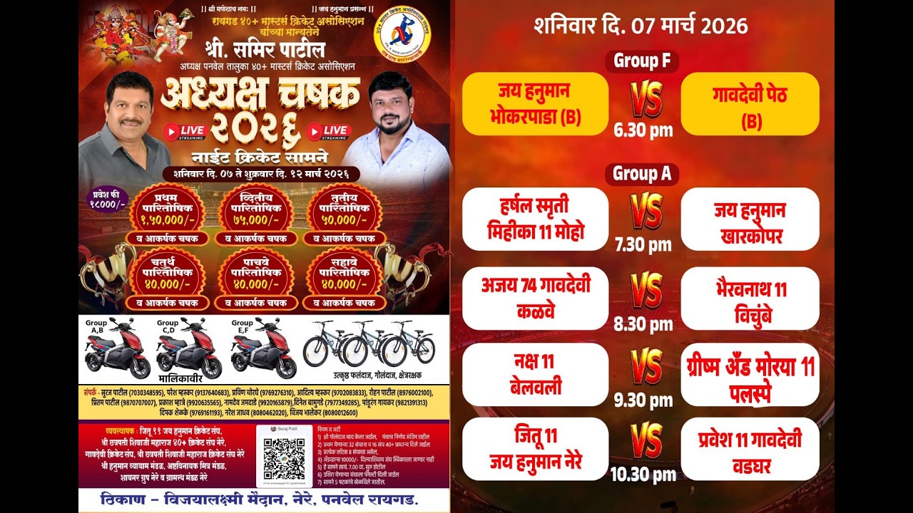 अध्यक्ष चषक  २०२६ -नेरे || रात्र पहिली || श्री. समिर पाटील अध्यक्ष पनवेल तालुका ४०+ मास्टर्स क्रिकेट