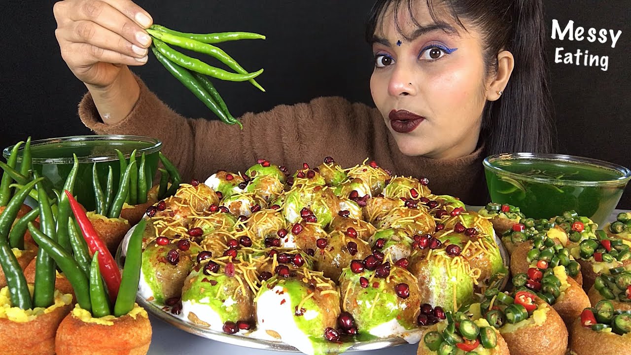 EATING RAW CHILLI PANIPURI CHOP CHILLI PANIPURI WITH DAHI PURI | EATING GOLGAPPA CHALLENGE | MUKBANG