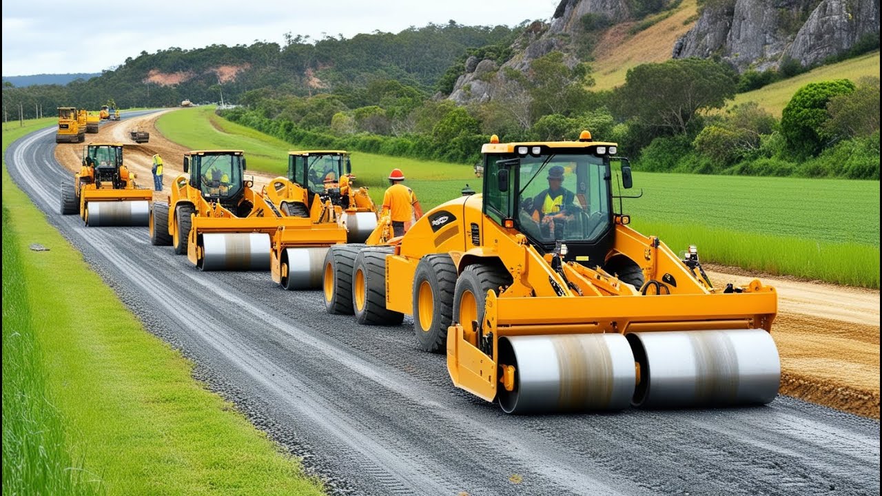 Road construction featuring several large yellow construction machinery, working on a gravel road