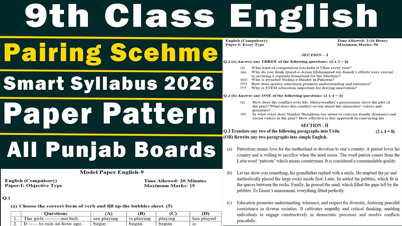 9th English Smart Syllabus | Pairing Scheme | English 9th Exam 2026 | 9 Class Short Syllabus English