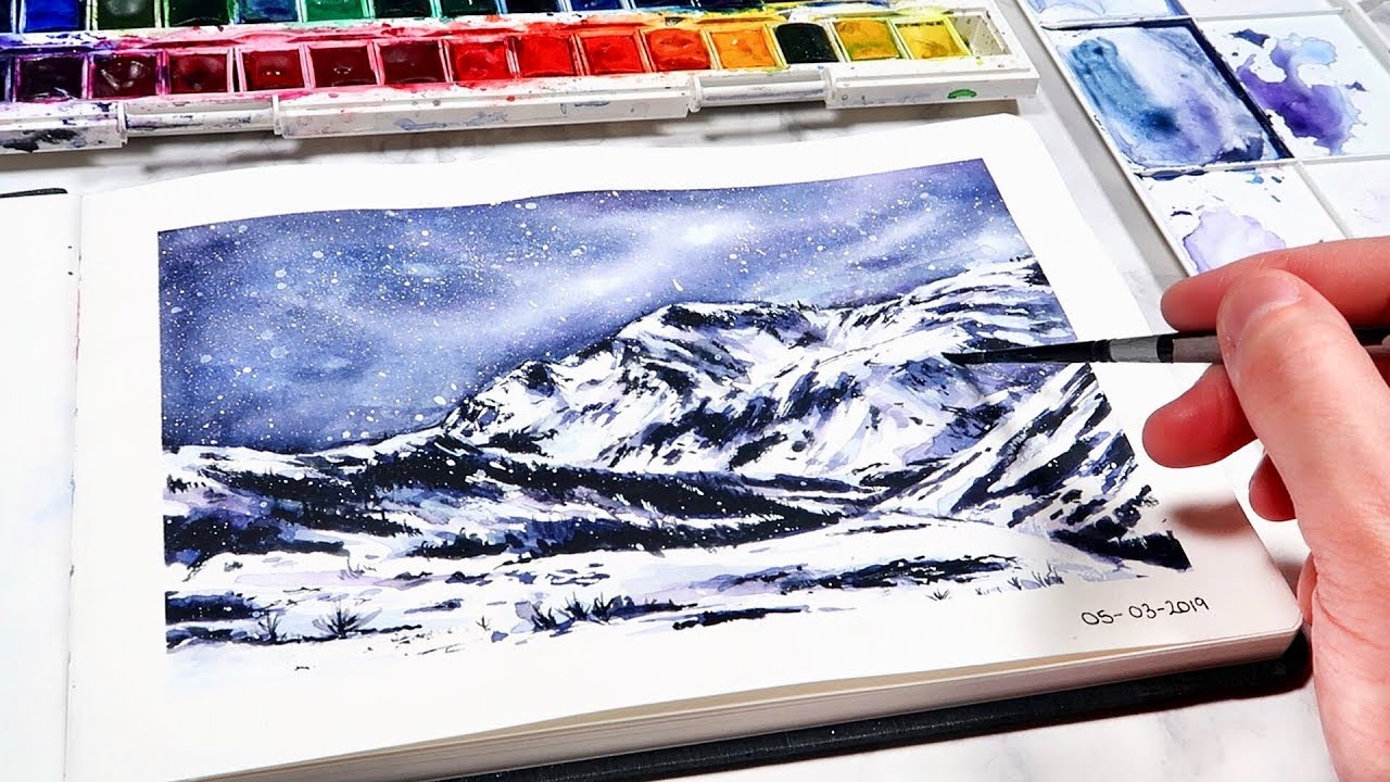 How to Paint a Snowy Mountain with Watercolours - BEGINNER PAINTING IDEAS!
