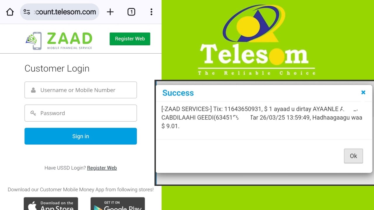 Sida Loo Isticmaalo ZAAD My Account Telesom | Baro Sida Dollar Looga Dhex Diro