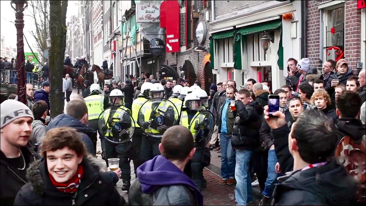 Ajax-Manchester with hooligans riots on the Red Light District Amsterdam
