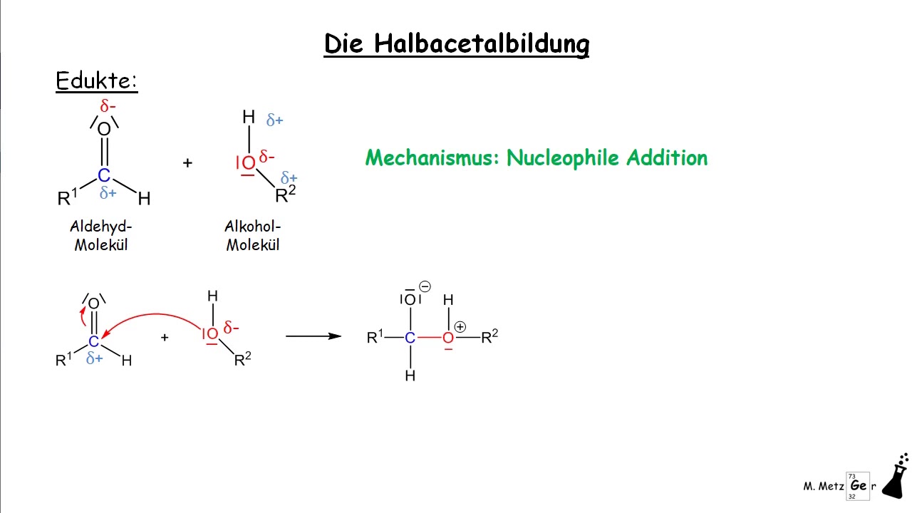 Halbacetalbildung Mechanismus - Nucleophile Addition eines Alkohol- Moleküls an ein Aldehyd-Molekül
