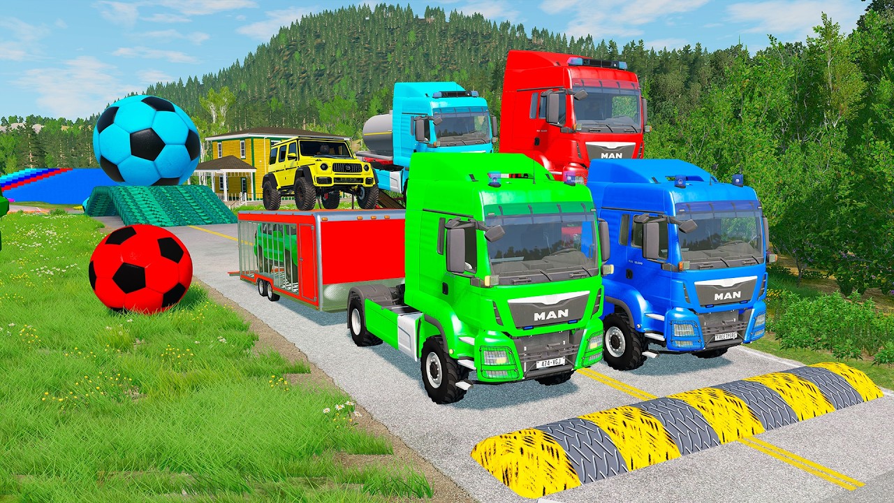 Double Flatbed Trailer Truck vs Speedbumps Train vs Cars | Tractor vs Train Beamng.Drive 0139
