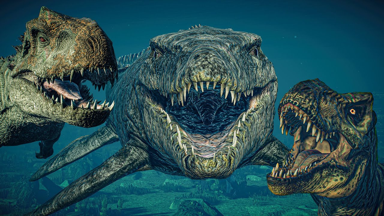 Who Is the True King of the Ocean? Mosasaurus vs Indominus Rex & T-Rex | JWE2 Mods