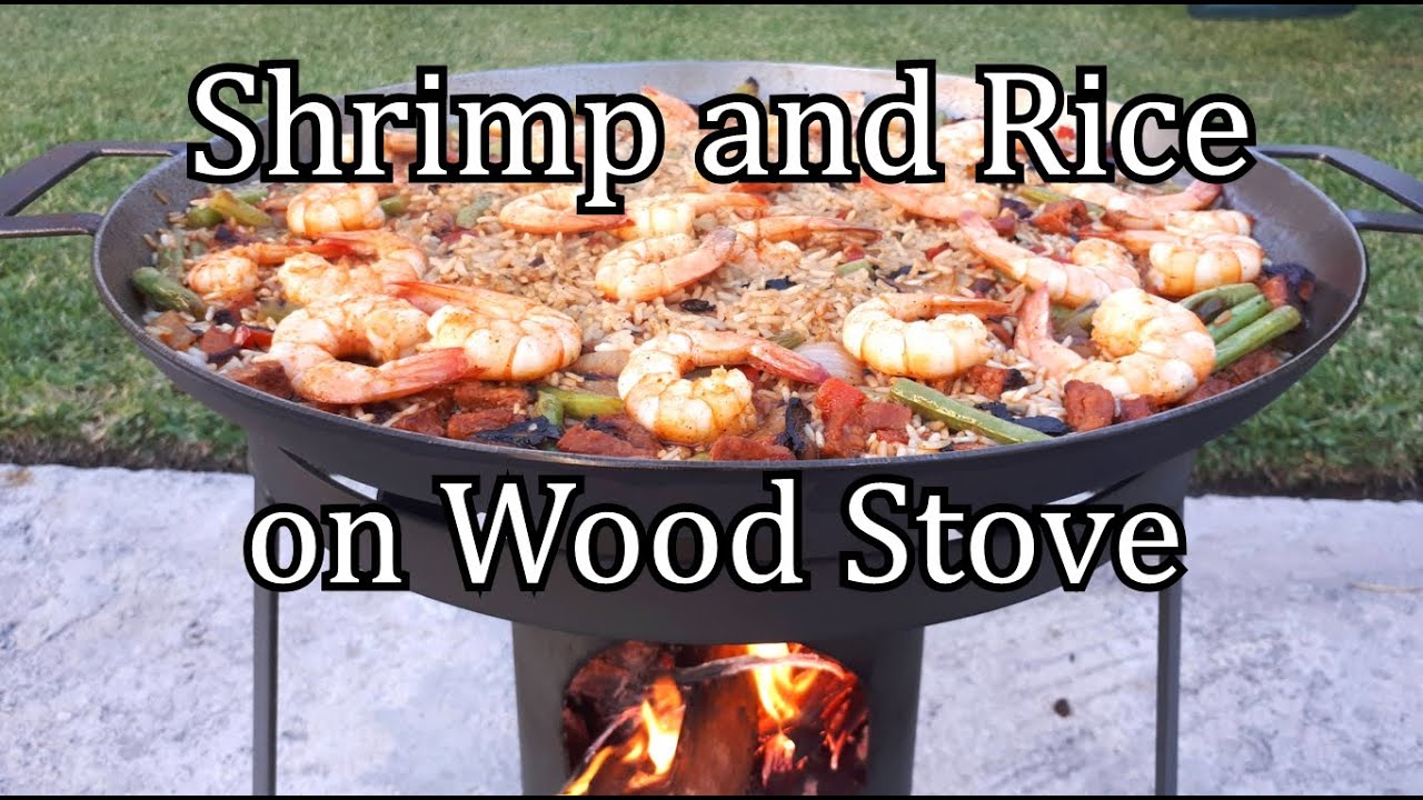 Shrimp and rice cooked on wood stove