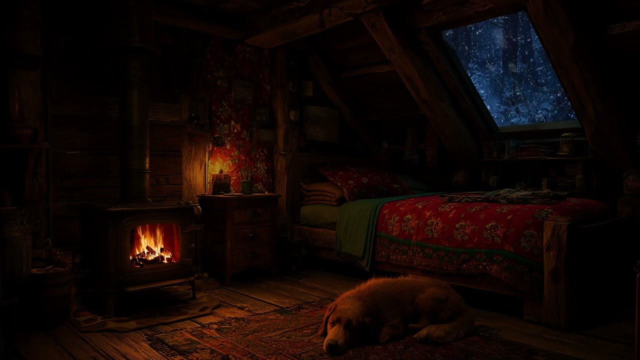 Snowstorm Night in a Wooden Cabin Attic | Gentle Fire Crackles for Deep Rest & Relaxation