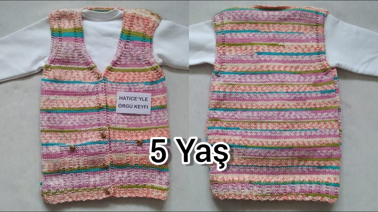 Azize Çocuk Yelek Yapımı 5 Yaş Sahte Cepli Renkli Kolay Basit Güzel Akıllı İp Bebek Örgü Kazak Tarif