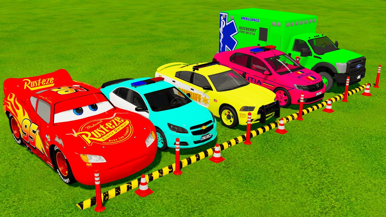 TRANSPORTING COLOR CARS MCQUEEN, CHEVROLET, DODGE, DACIA, AMBULANCE WITH MAN TRUCK