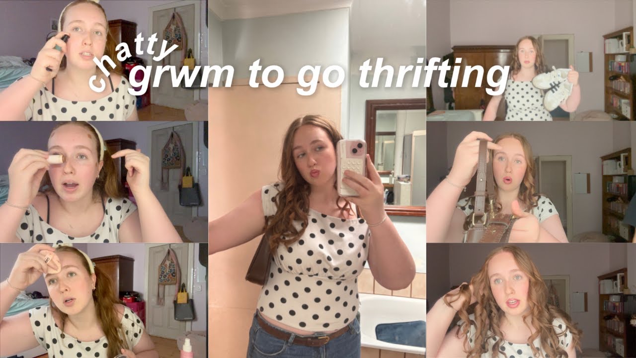 get ready with me to go thrifting | makeup, hair, outfit