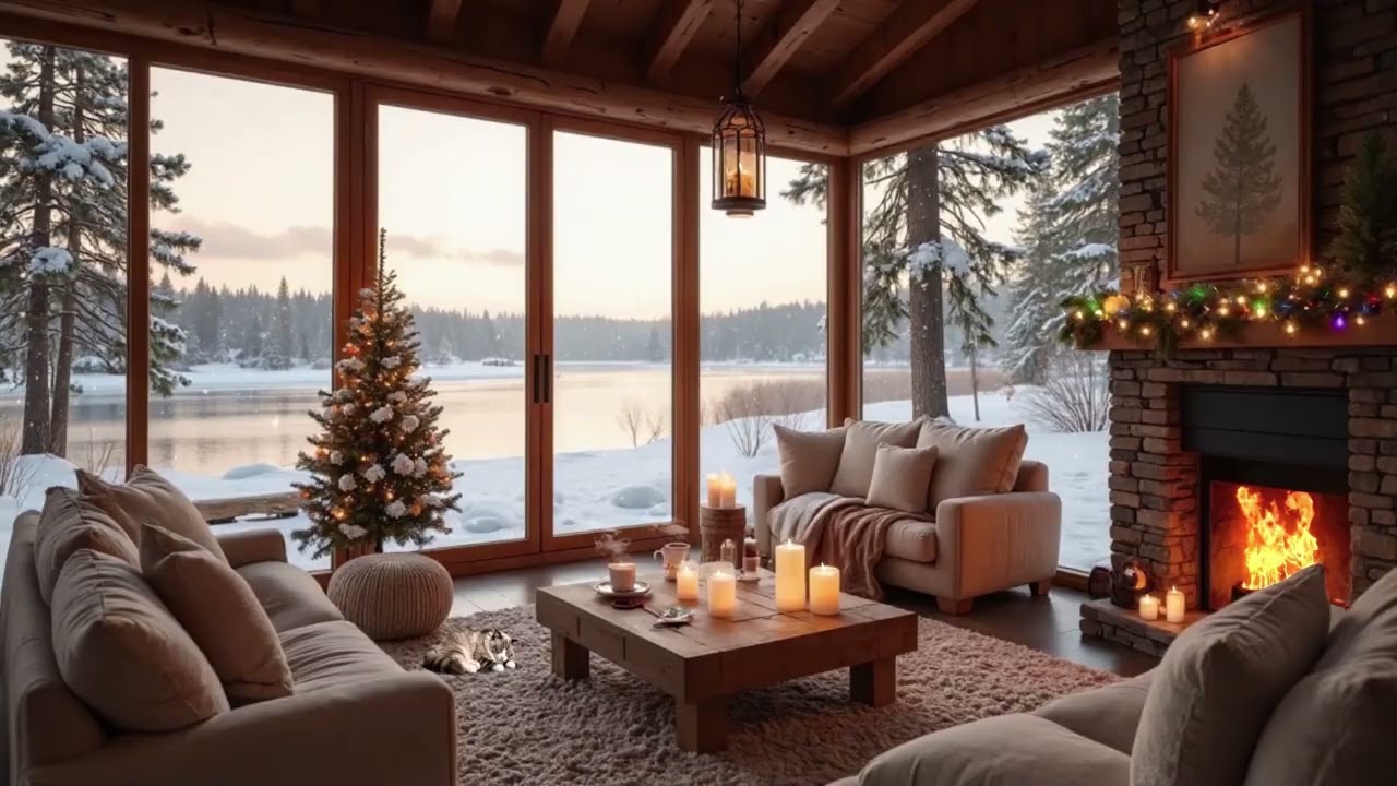 Cozy Winter Cabin Living Room Ambience ❄️ | Fireplace, Snowy Lake Views & Soft Light | 3 Hours