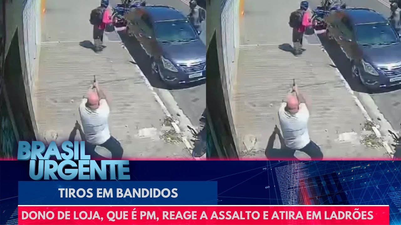 Dono de loja, que &eacute; PM, reage a assalto e atira em ladr&otilde;es | Brasil Urgente