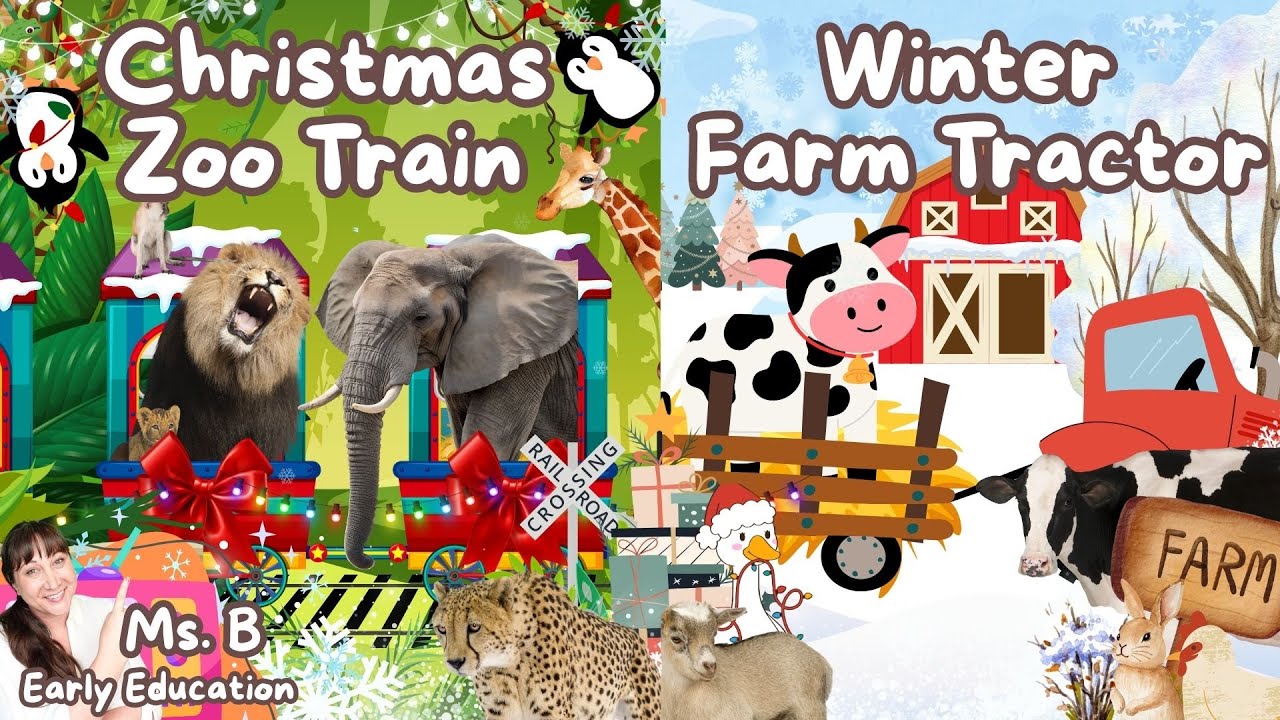Christmas Zoo Train & Winter Farm Tractor Ride | Animal Names & Sounds for Kids Compilation