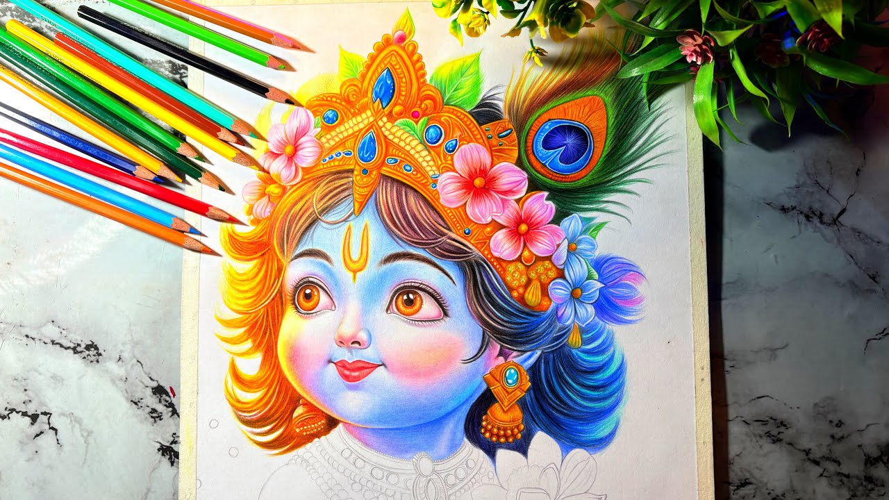 krishna ji drawing with pencil colour / Krishna drawing, colour pencil drawing ✍️