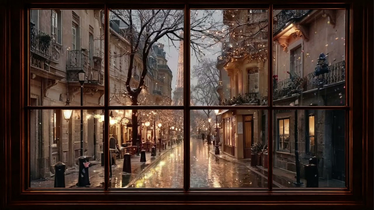 4K Virtual Window: Rainy Night in Paris 🗼 Gold Framed Vintage | Relaxing Music & Rain Sounds