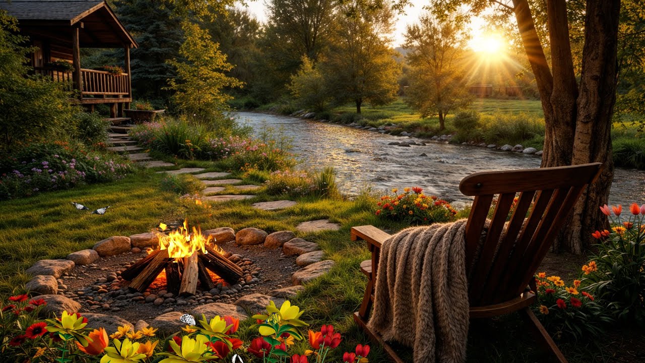 Spring Forest Riverside Ambience 🌿🔥 Crackling Fire Pit, Birds & Flowing Nature Sounds