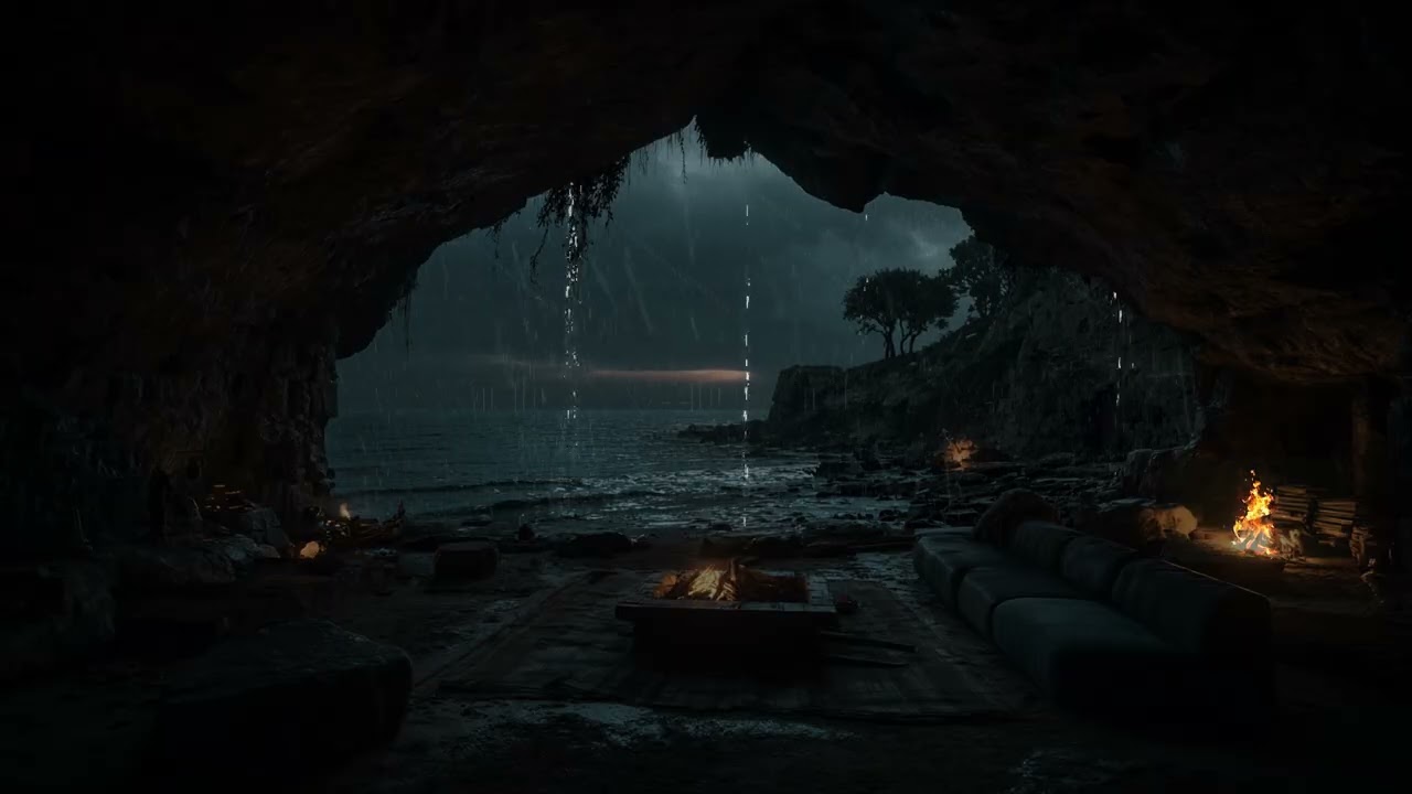 Stormy Night Shelter Inside a Remote Forest Cave | Heavy Rainfall & Calm Natural Ambience