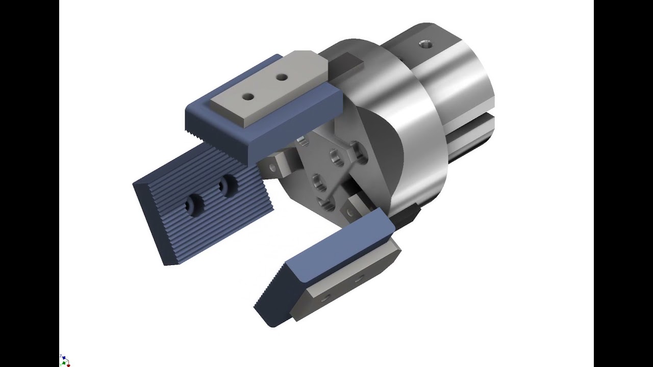 Three-jaw pneumatic gripper animation.