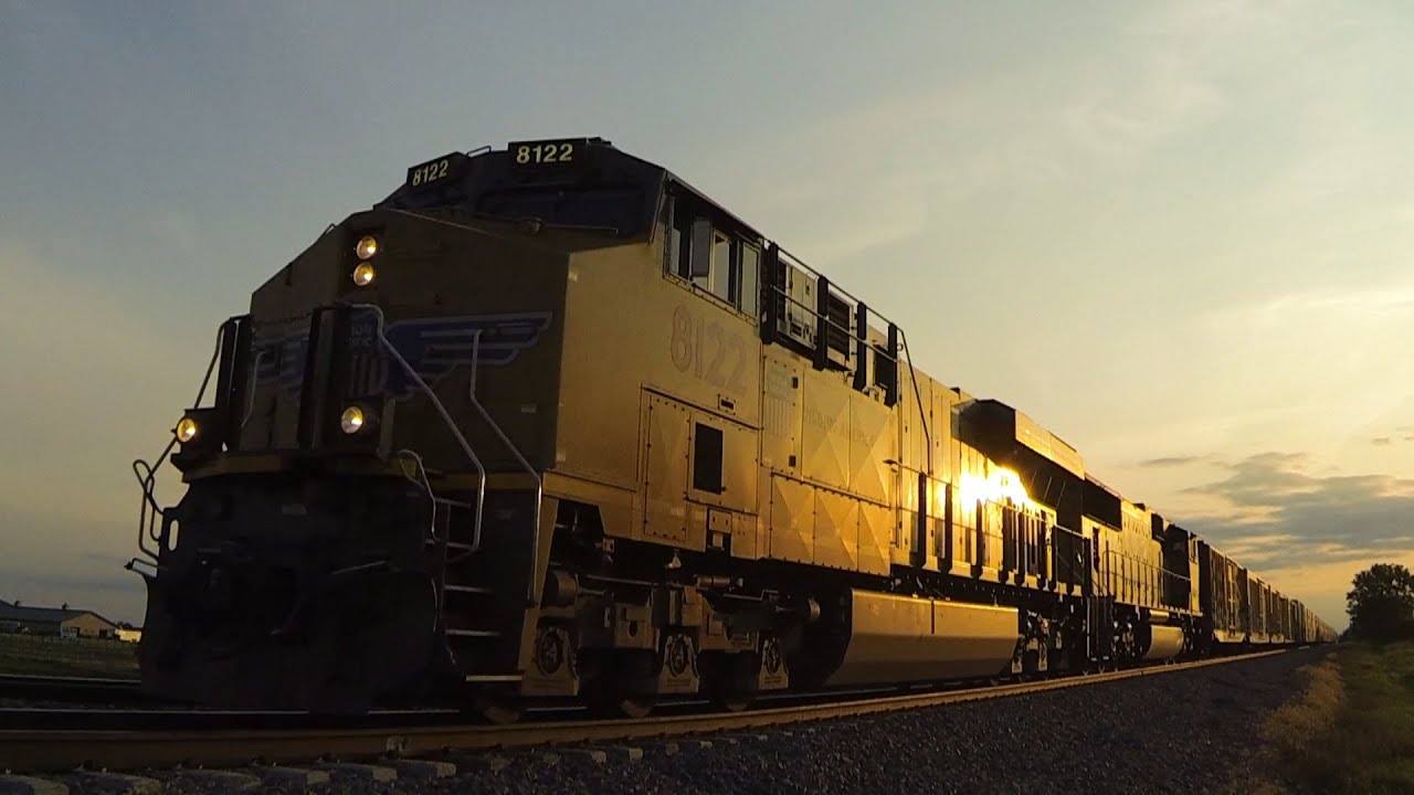Three Union Pacific Trains at Sunset - With Drone Views on 7-7-2015