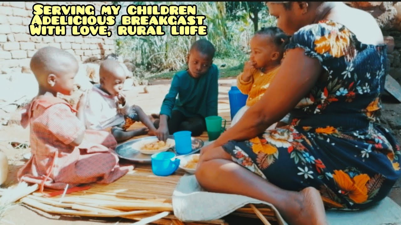 Serving with love/African Village mom serving  Irish potatoes+black teafor breakfast to her children