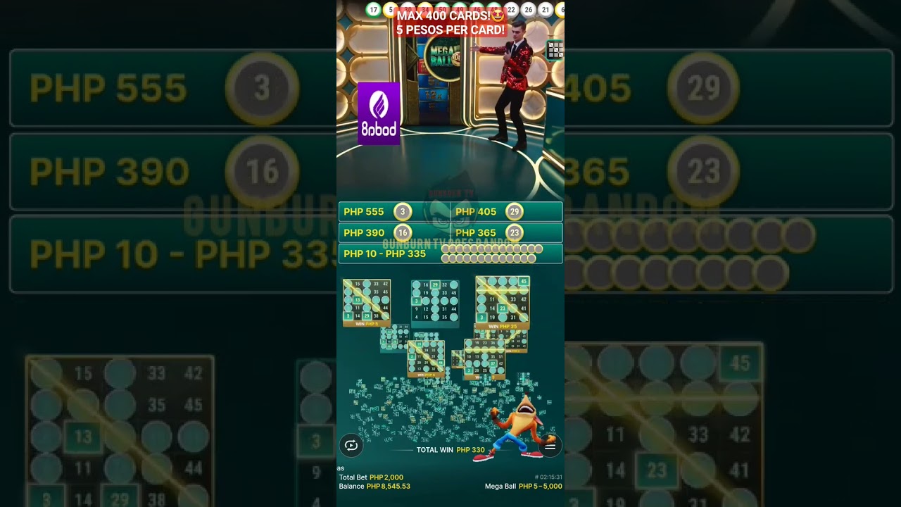 MEGA BALL - MAX 400 CARDS SA 5 PESOS PER CARD BET! 🤩 #onlinebingo #megaball #casino #gunburn #bingo