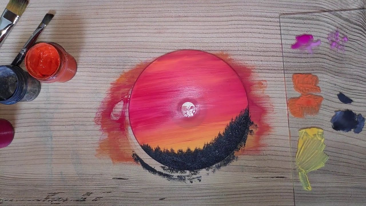 Painting on waste CD`s I sunset painting I CD painting I #3