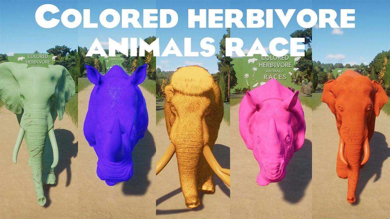 Colored Herbivores Animals Speed Races in Planet Zoo included Giraffe, Black Wildebeest, Hippo & etc