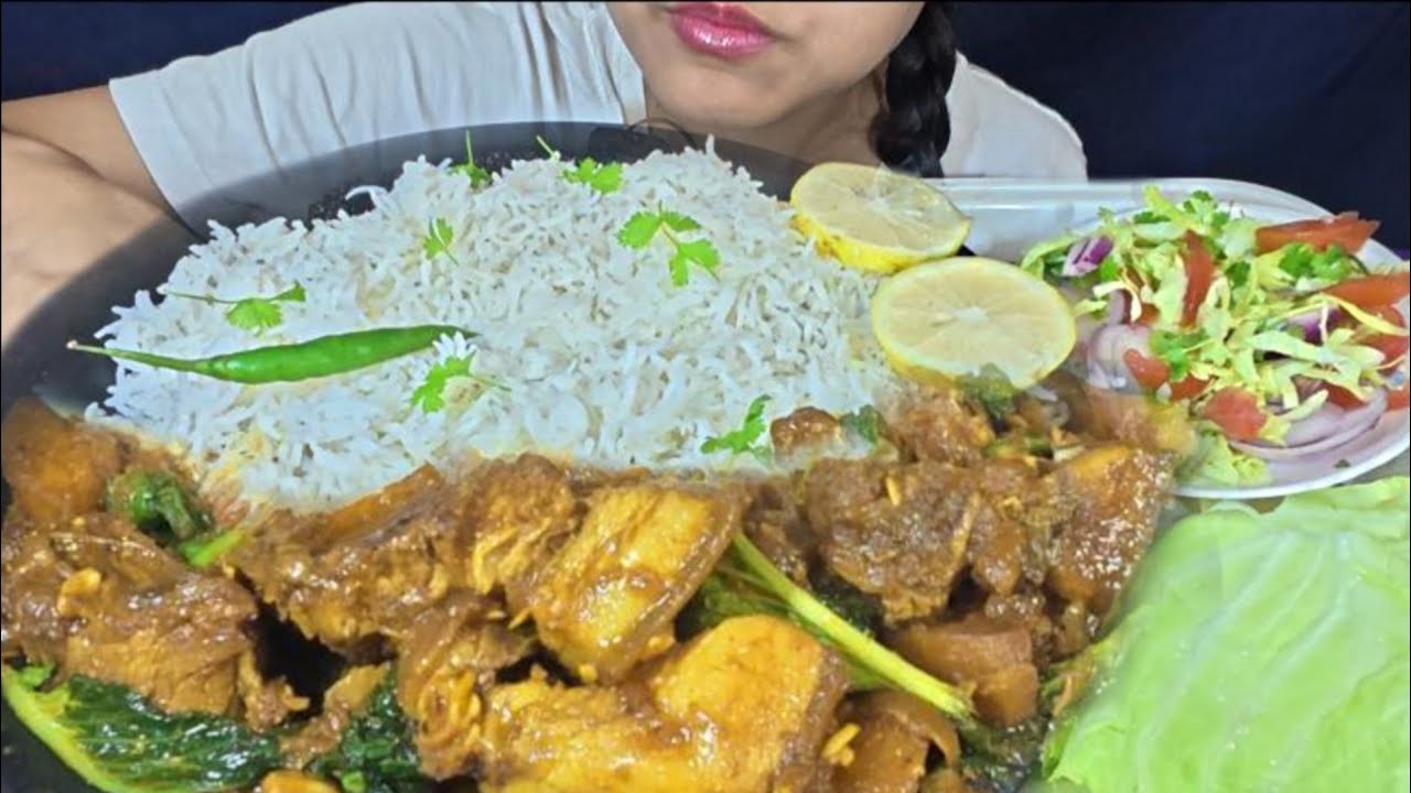 EATING VERY TASTY PORK, SALAD WITH JEERA RICE *EATING SHOW 🍛