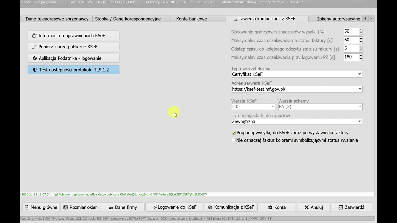 KSeF 2.0 - FS-Faktura SQL - Ustawienia konfiguracyjne do KSeF