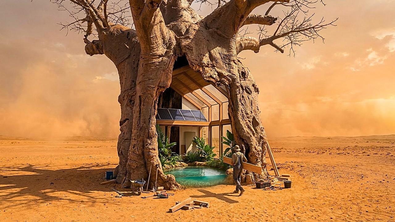 Surviving the extreme desert heat! Building a modern oasis house in a huge hollow Baobab tree (ASMR)