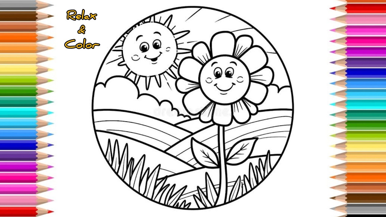 Smiling Sun & Flower Coloring Page 🌸☀️ | Satisfying Relaxing Art Video | Circle Scenery Coloring