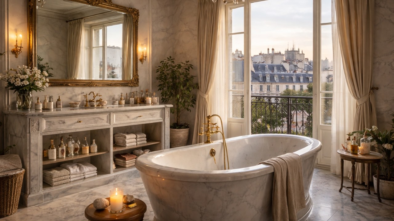 Cozy Luxurious Parisian Morning Bathroom Ambience 🛁 10 Hour Relaxing Water Sounds and Music