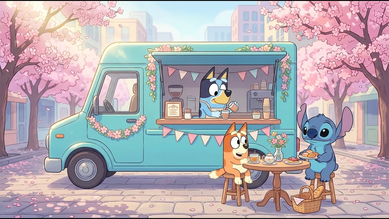 Stitch & Bluey Blossom Street Coffee Stop 🌸 Gentle Lofi Classroom for Study & Work 🎧 Easy  Energy